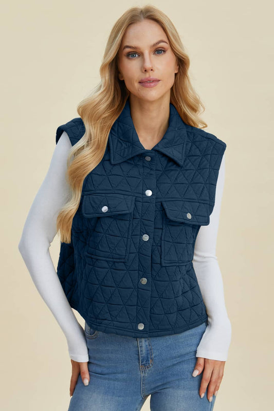 Pocketed Texture Snap Down Vest Coat Peacock Blue