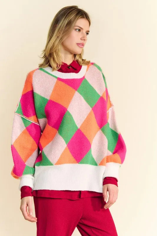 color block women's sweater Pink Orange