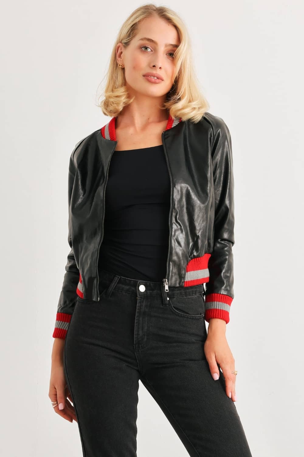 cropped black leather jacket