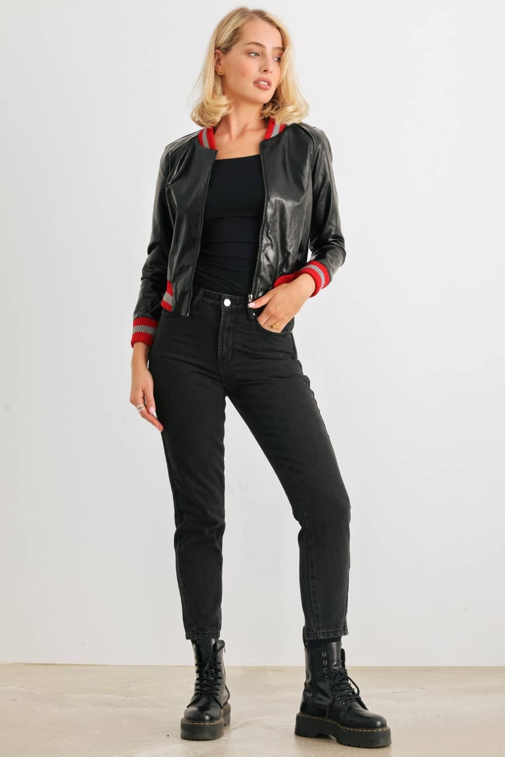 cropped black leather jacket