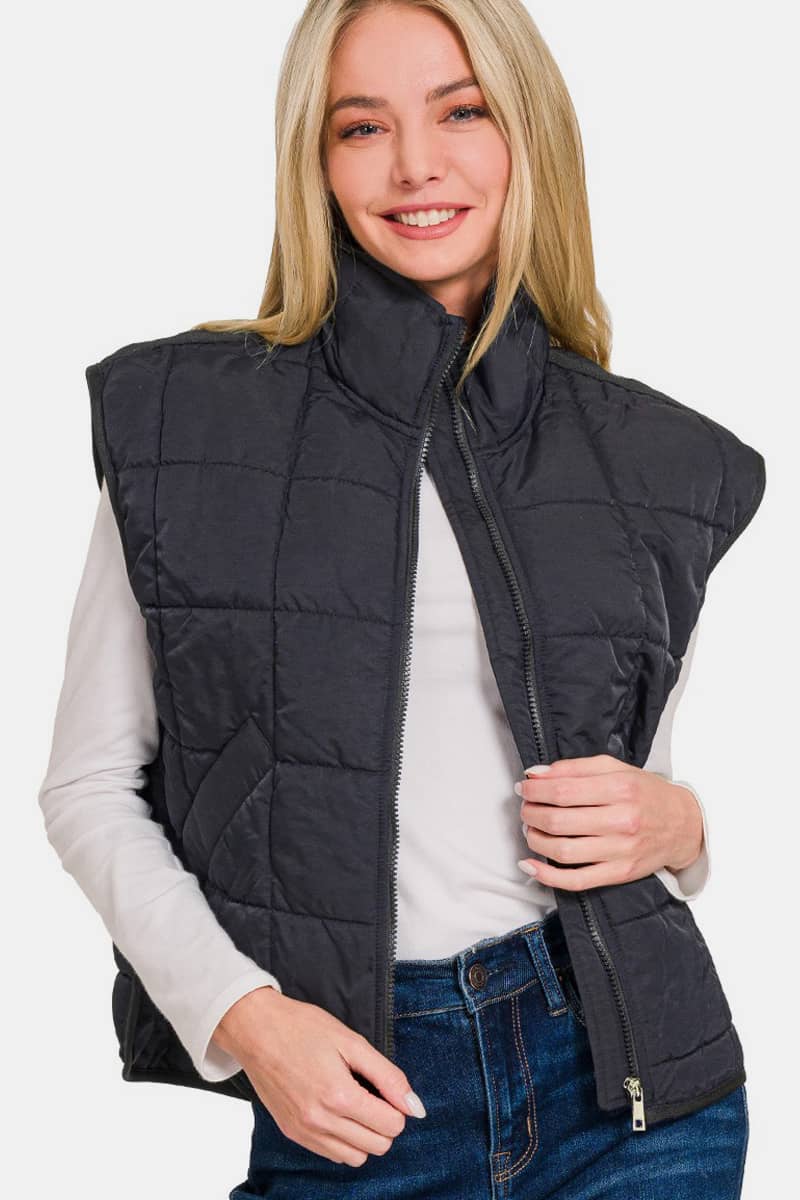 cropped black puffer vest women's​