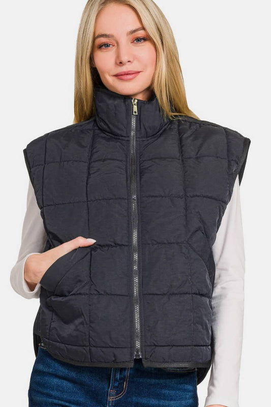 cropped black puffer vest women's​