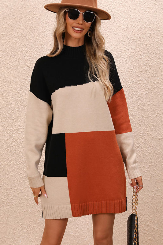 Color Block Mock Neck Sweater Dress Black