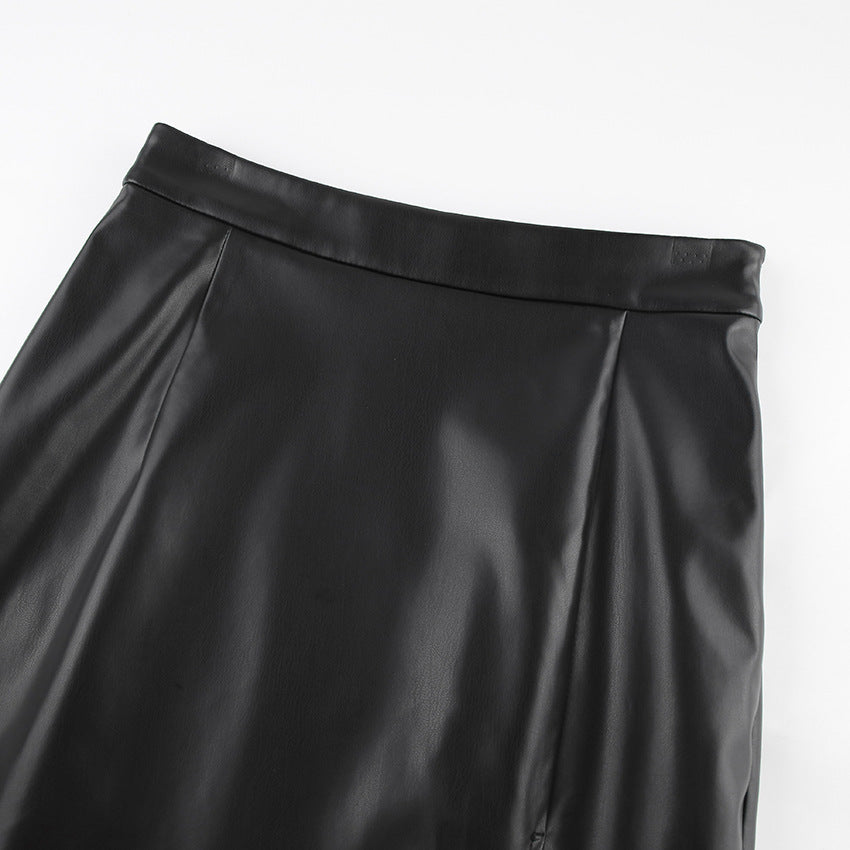 High Waist Slit Leather Skirt