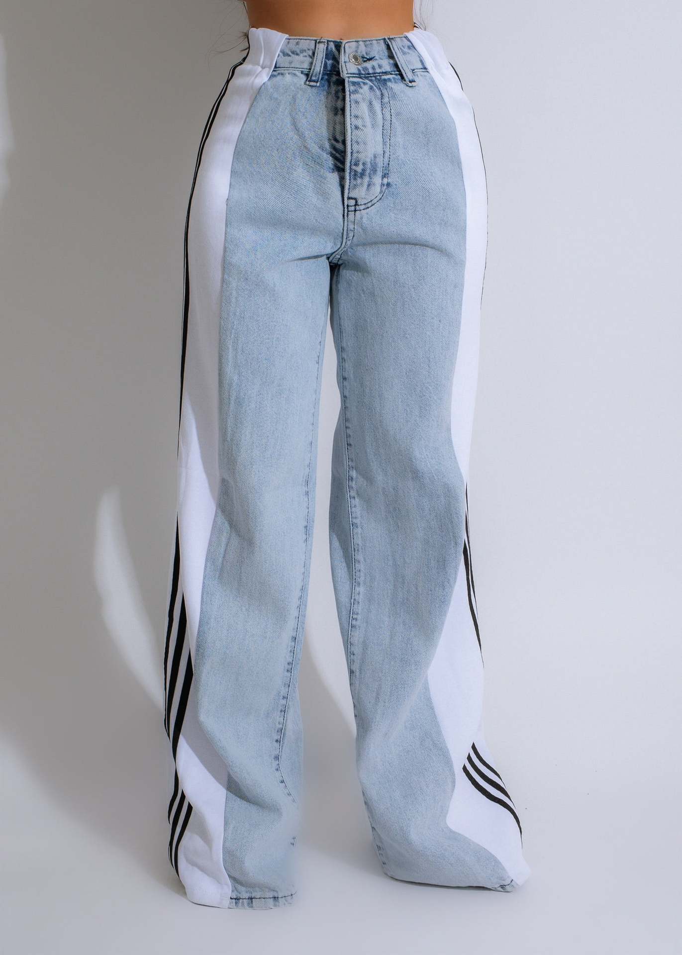 patchwork jeans womens Light Blue And White