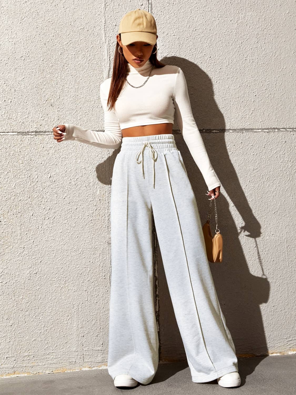 elastic waist wide leg trousers