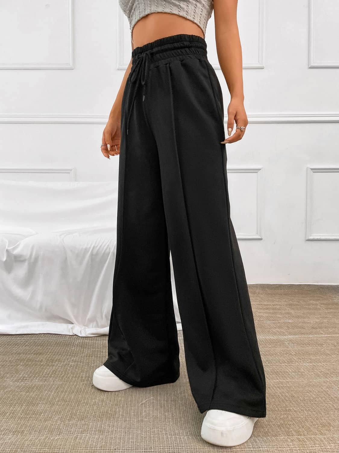 elastic waist wide leg trousers