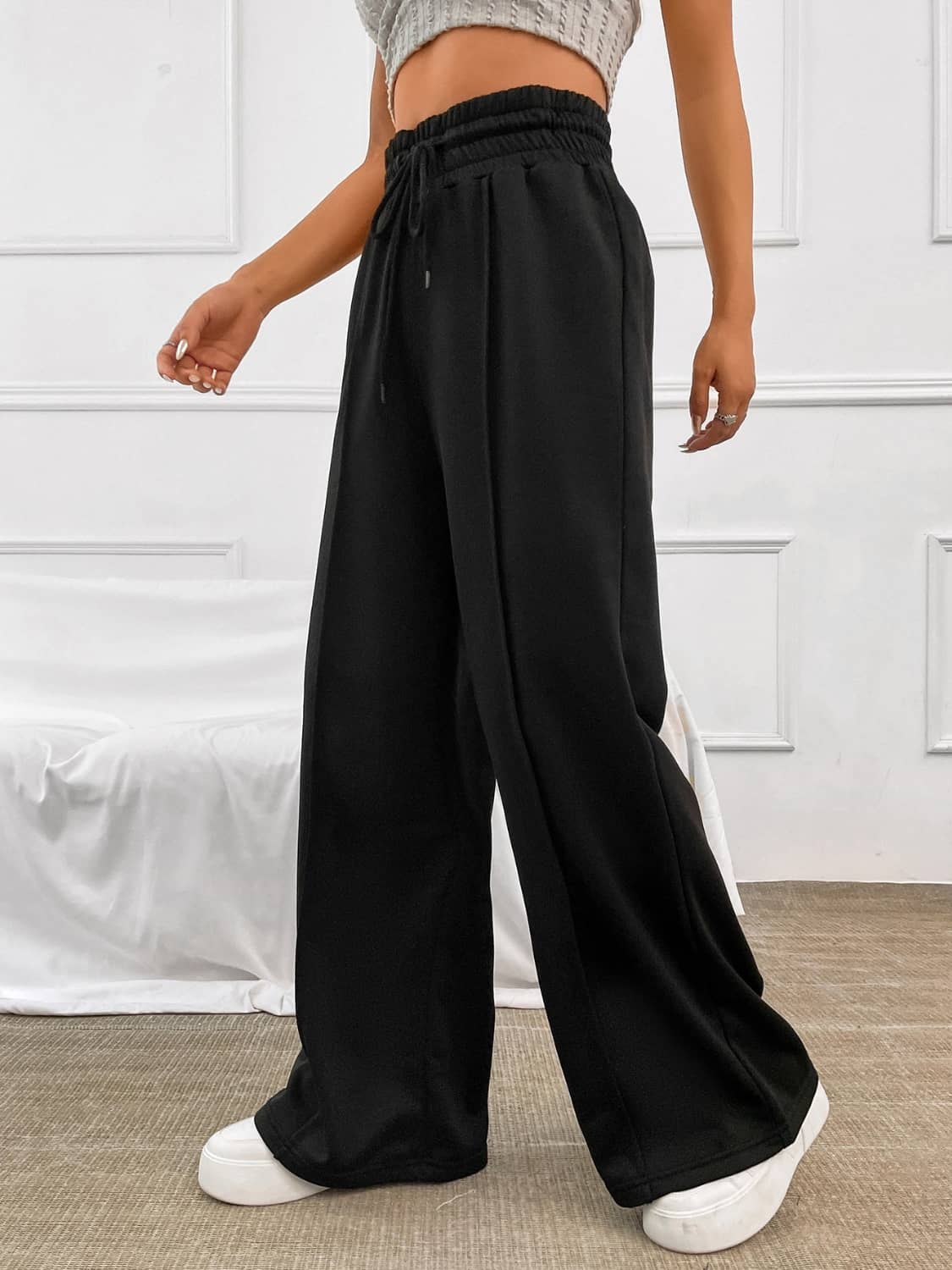 elastic waist wide leg trousers