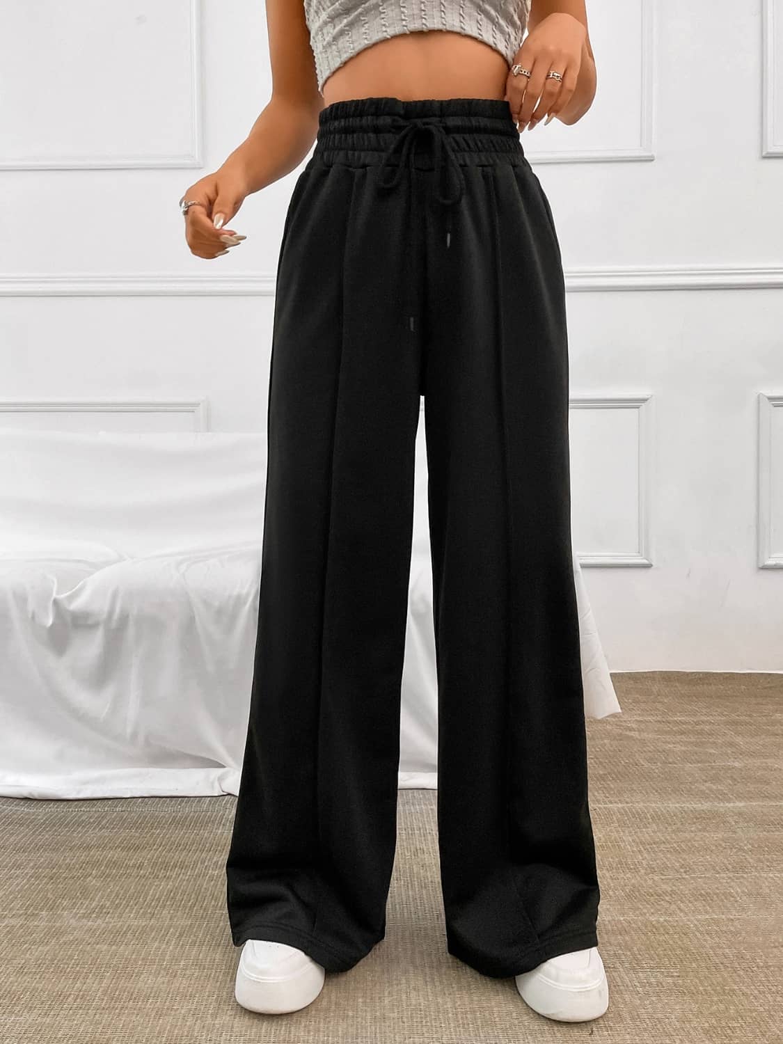 elastic waist wide leg trousers