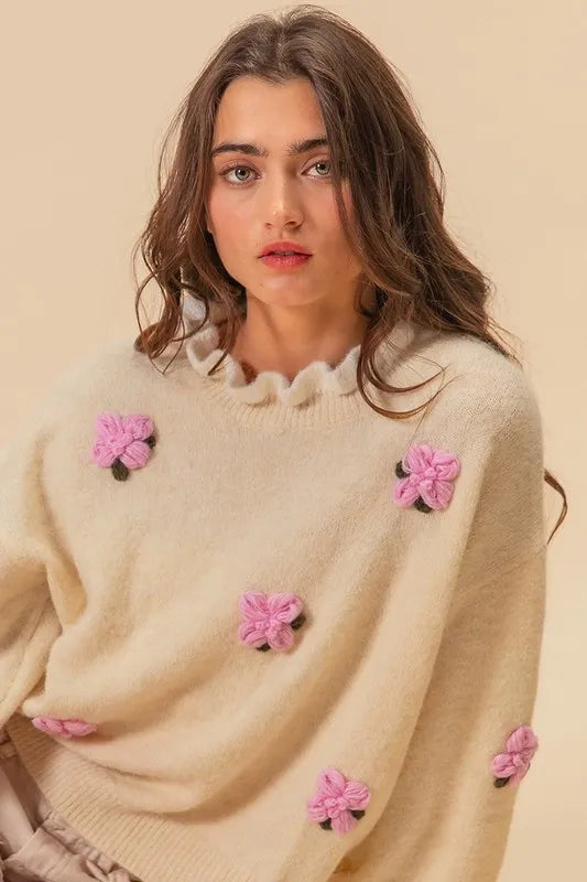 Ruffled Flower Sweater Women