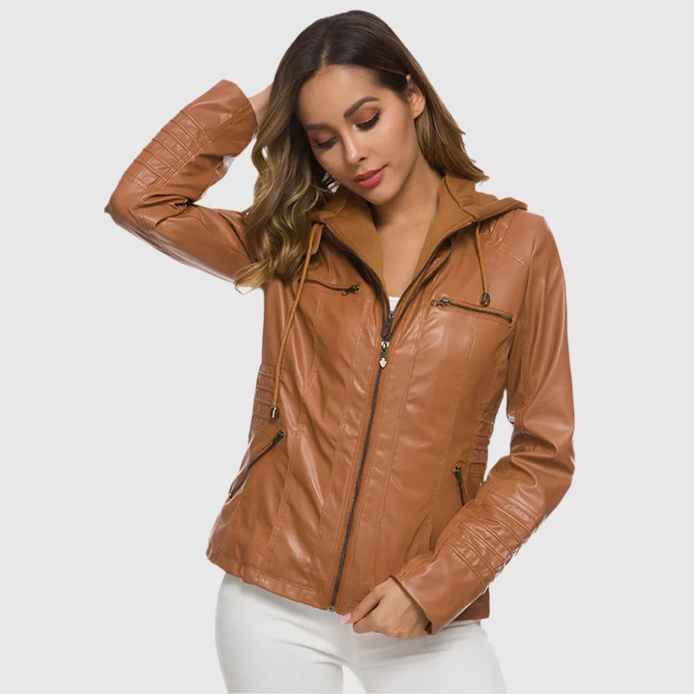 faux leather hooded jacket Brown