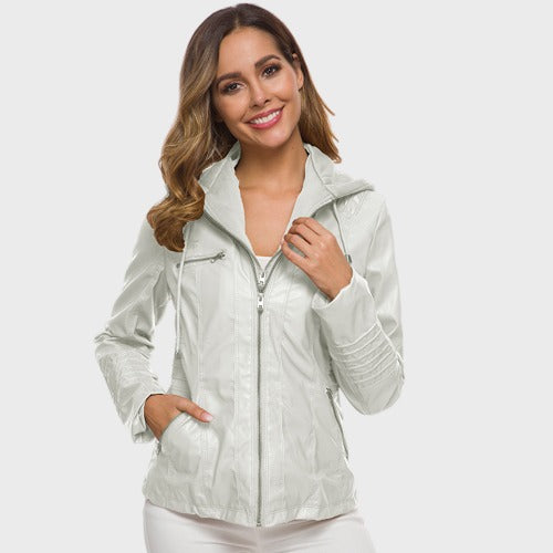 faux leather hooded jacket White