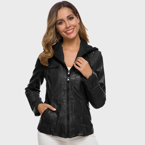 faux leather hooded jacket Black