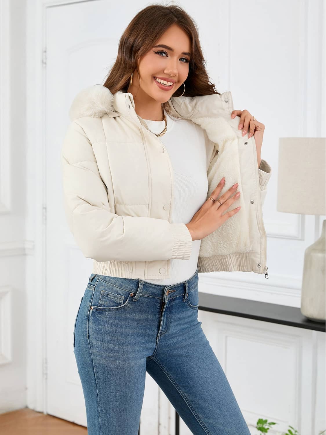 crop puffer jacket with fur hood