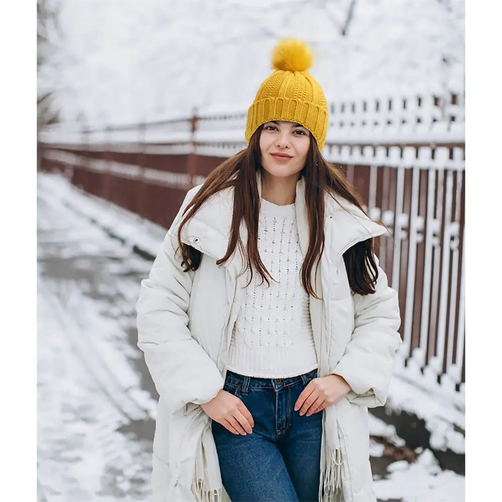 women's winter pom pom hats Yellow One size