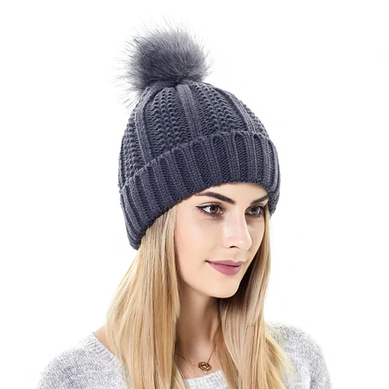 women's winter pom pom hats Dark Grey One size