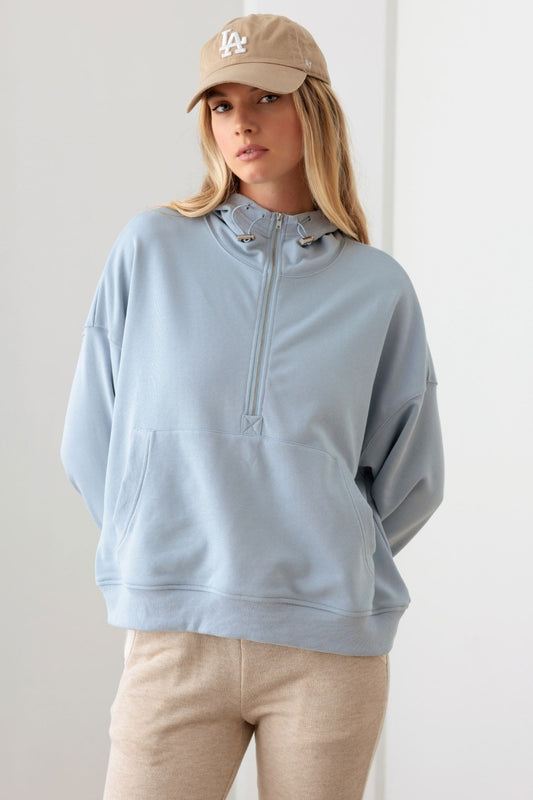 Half Zip Drawstring Mock Neck Hoodie Light Blue