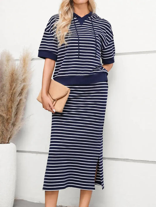 Striped hoodie and skirt set Dark Blue