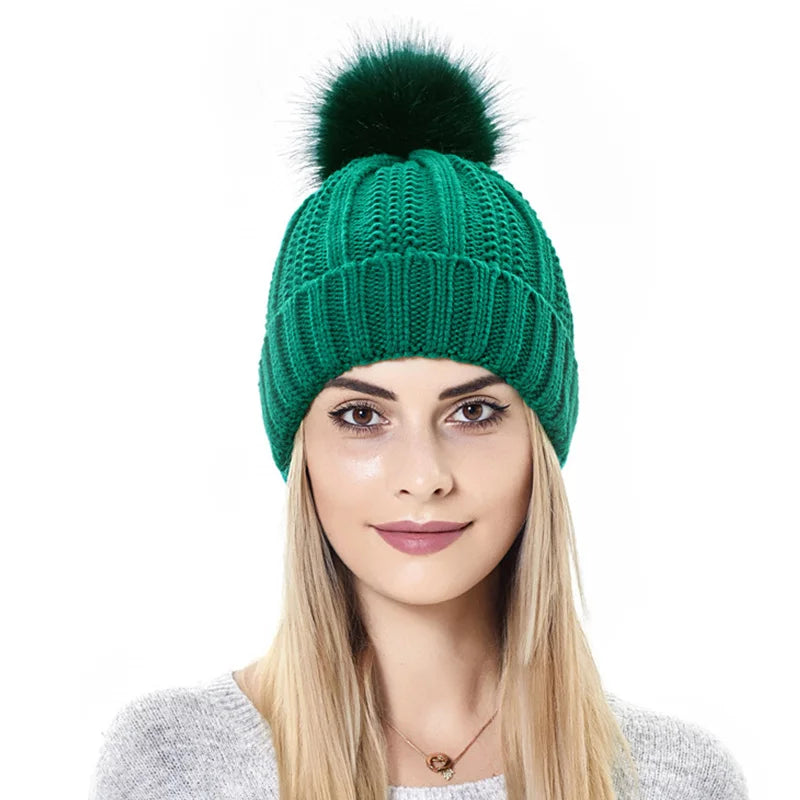 women's winter pom pom hats Green One size