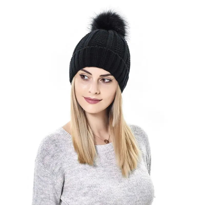 women's winter pom pom hats Black One size