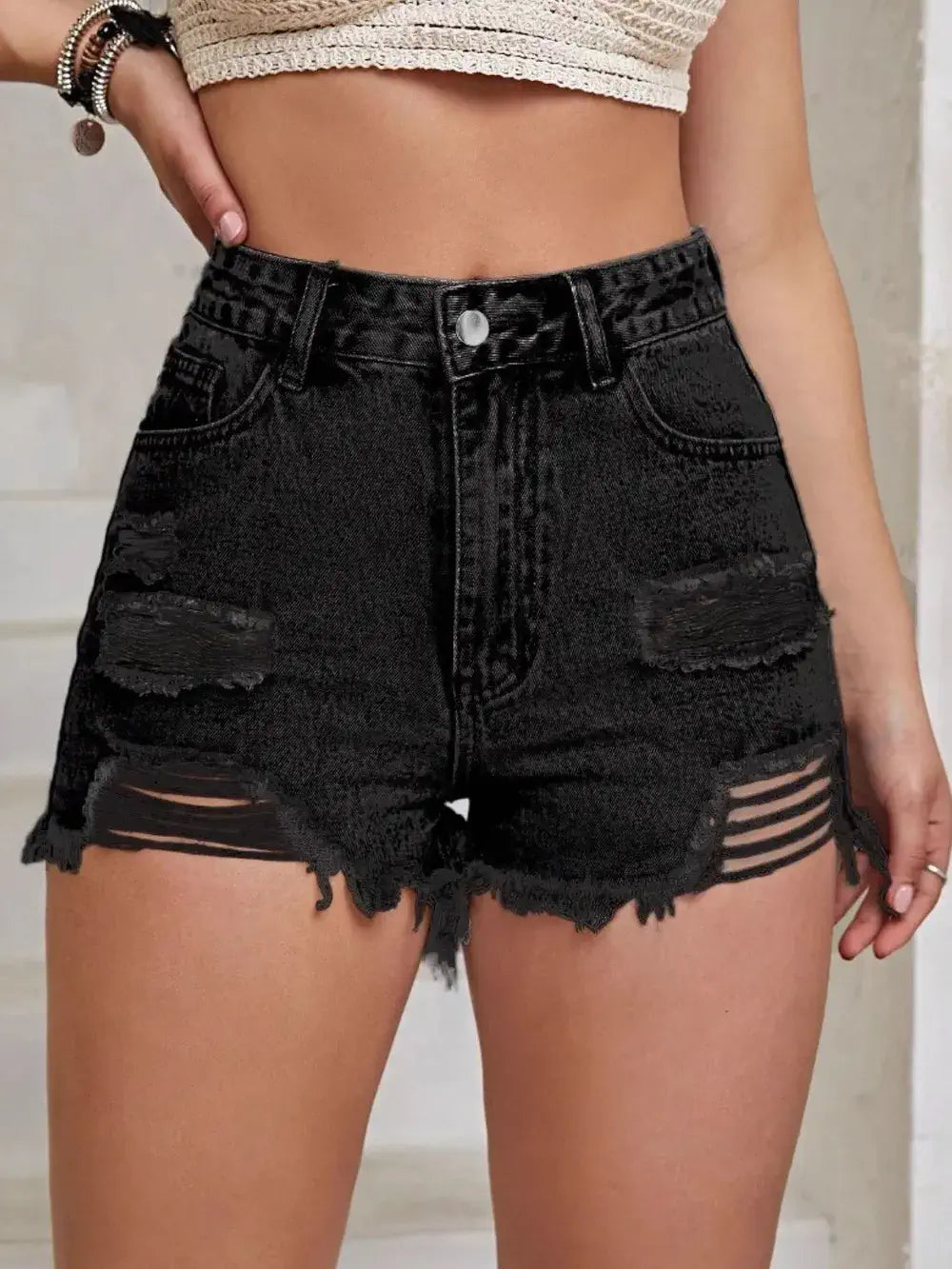 ladies distressed denim shorts Black