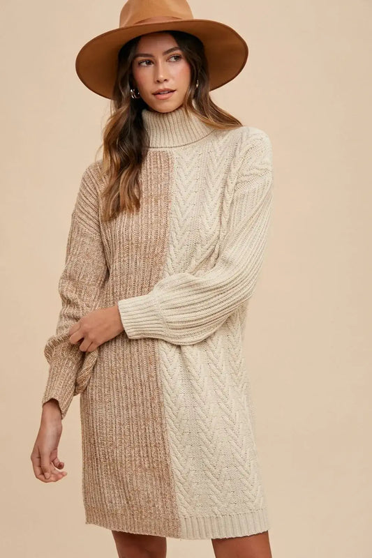 long sleeve turtle neck sweater dress Taupe