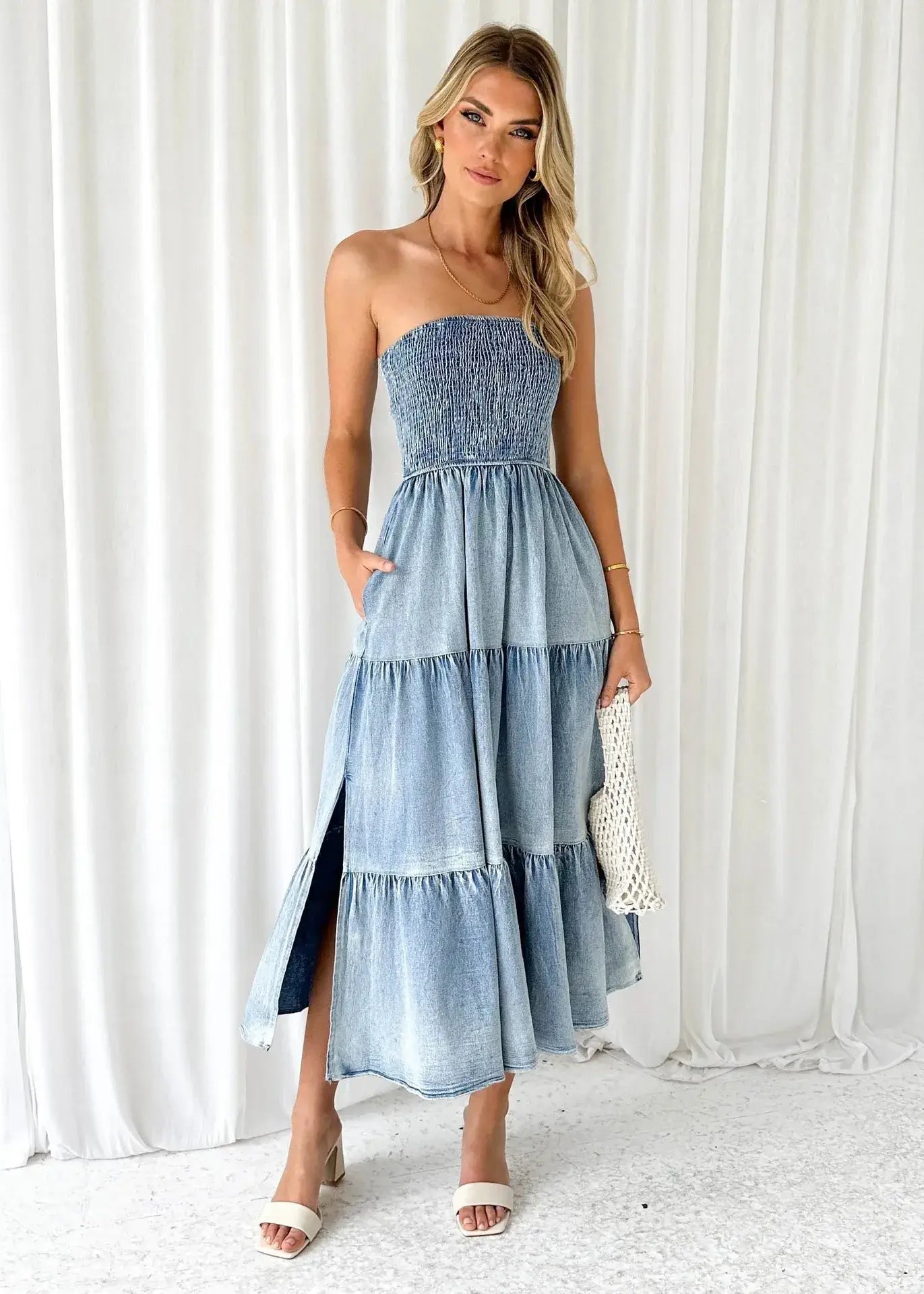 long strapless denim dress Light Blue