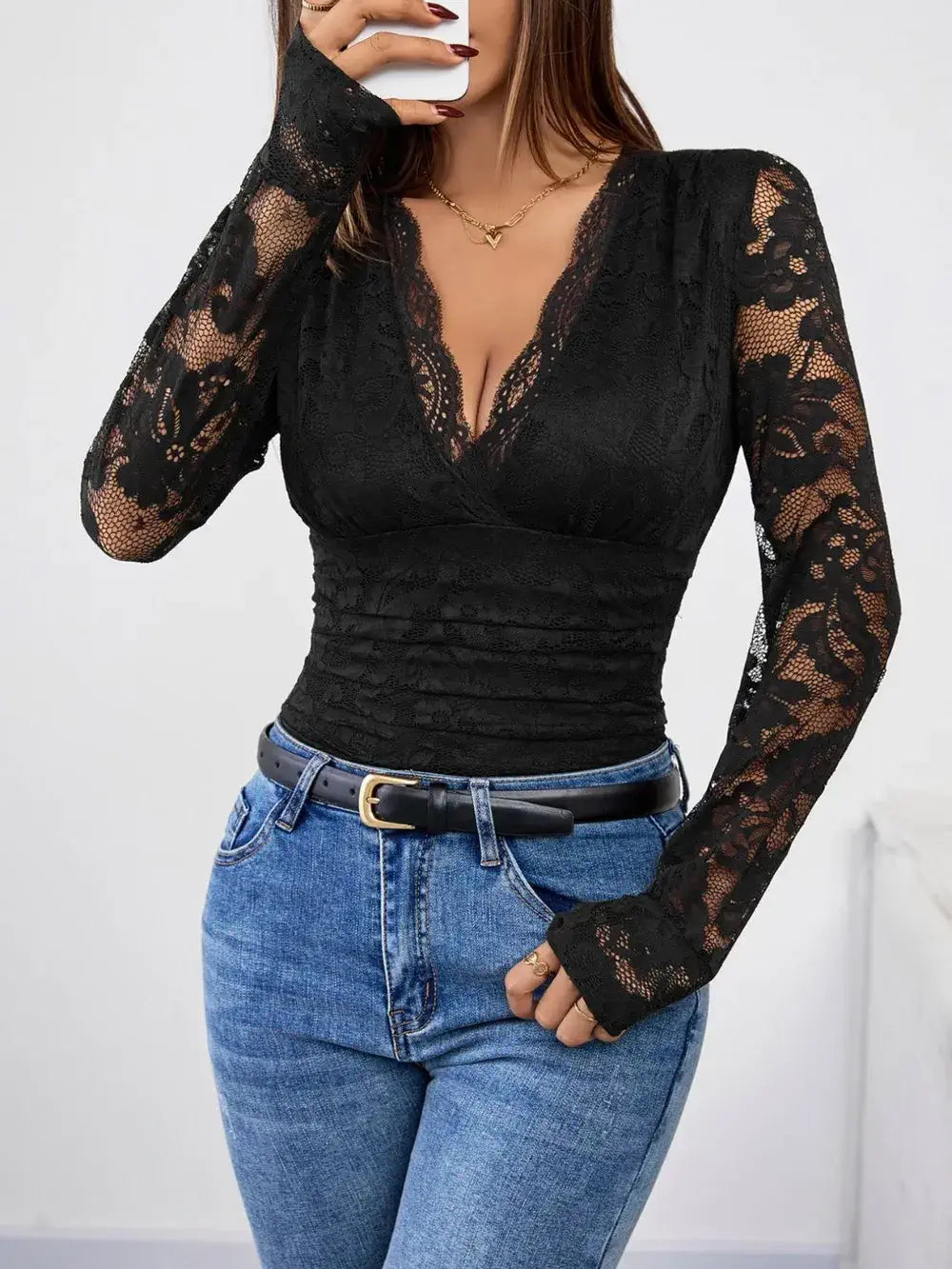 long sleeve black lace top Black