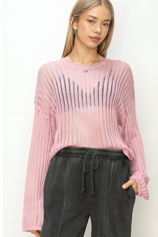 long sleeve ribbed knit top Pink