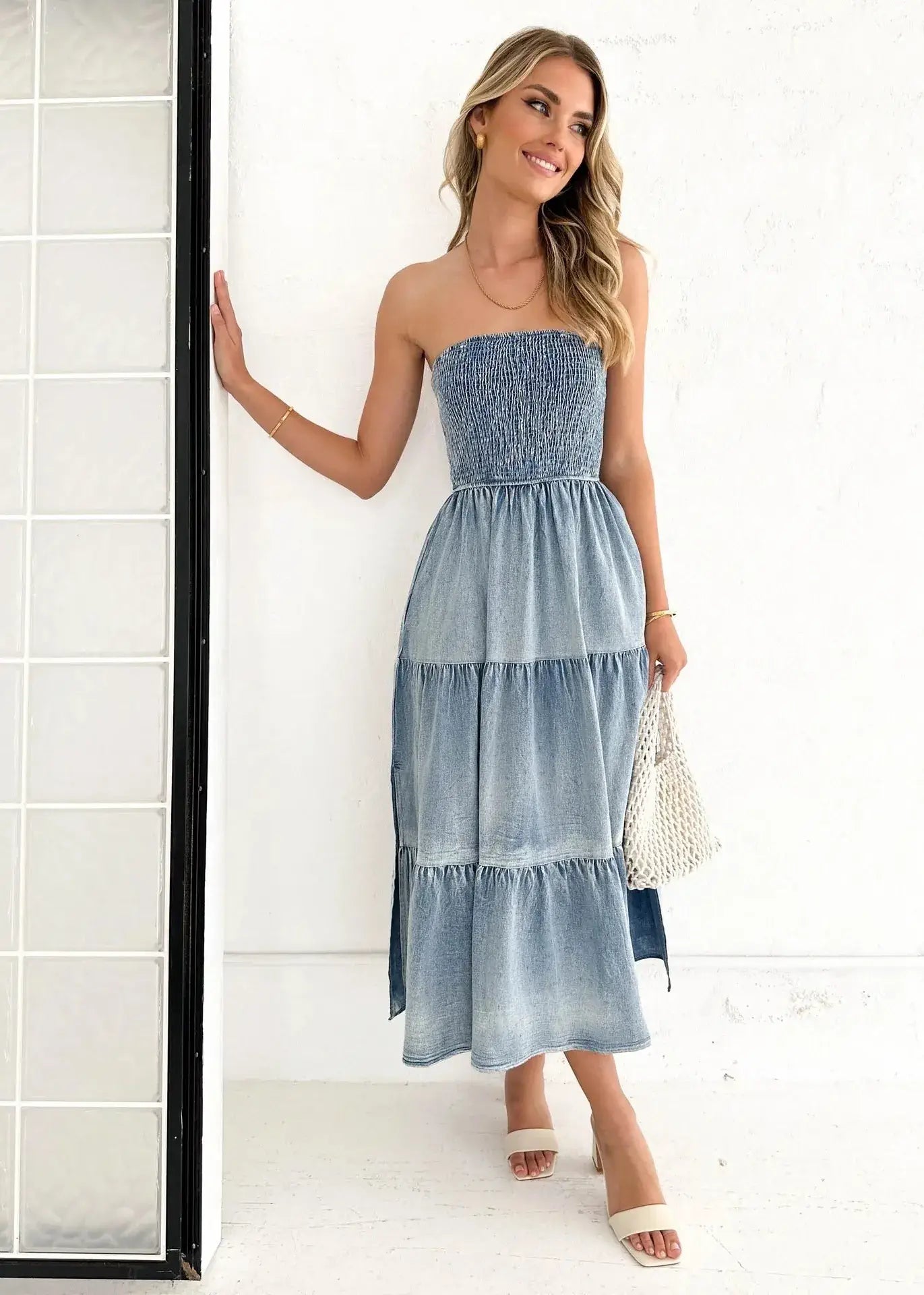 long strapless denim dress