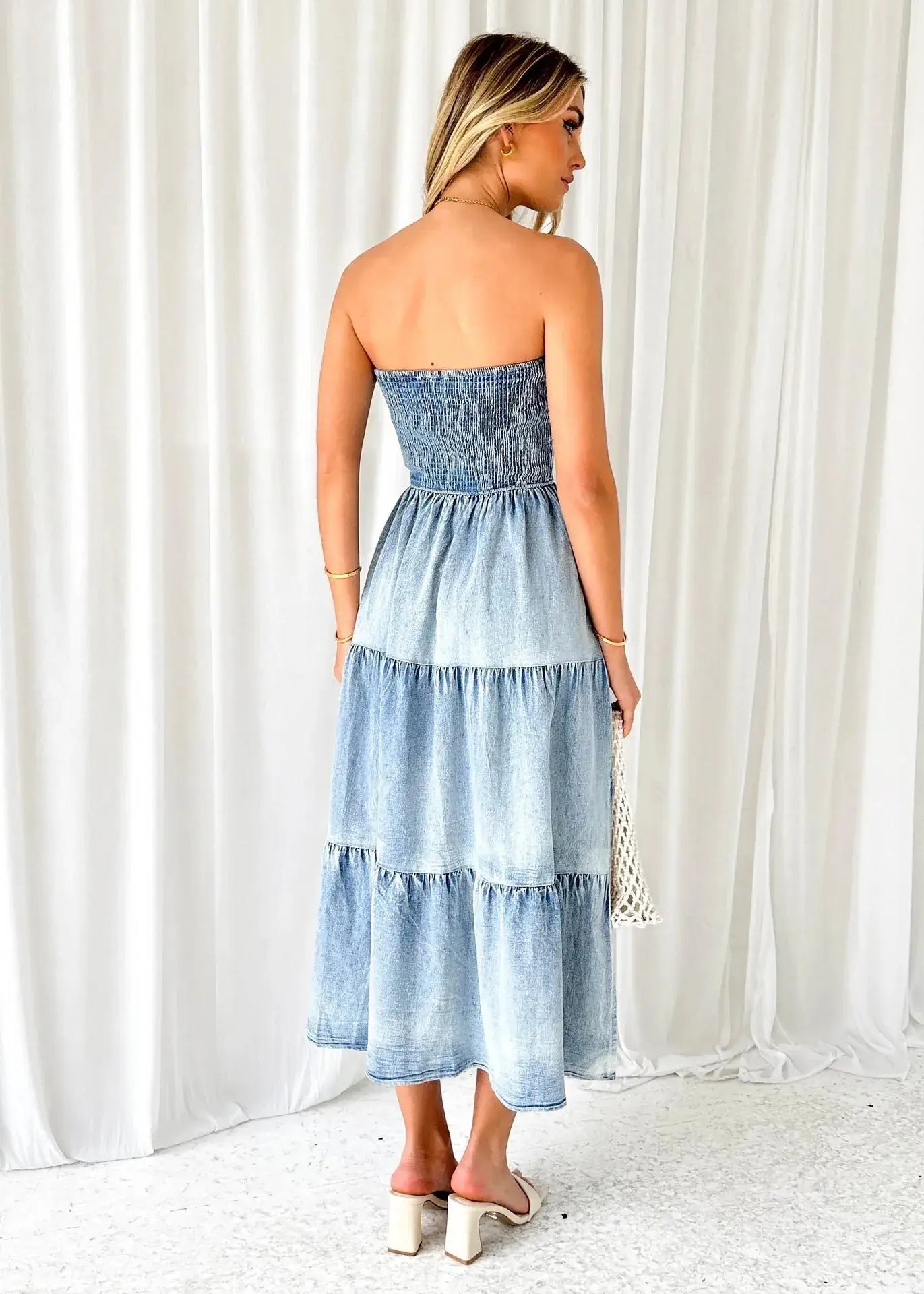 long strapless denim dress