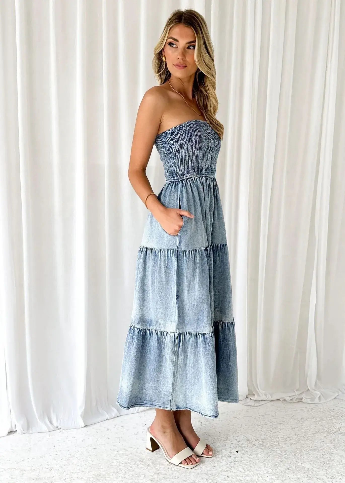 long strapless denim dress