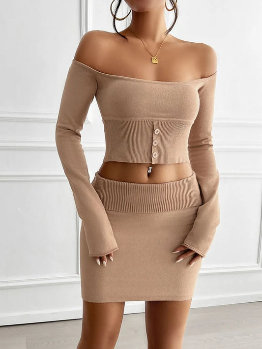 off the shoulder top with skirt Tan