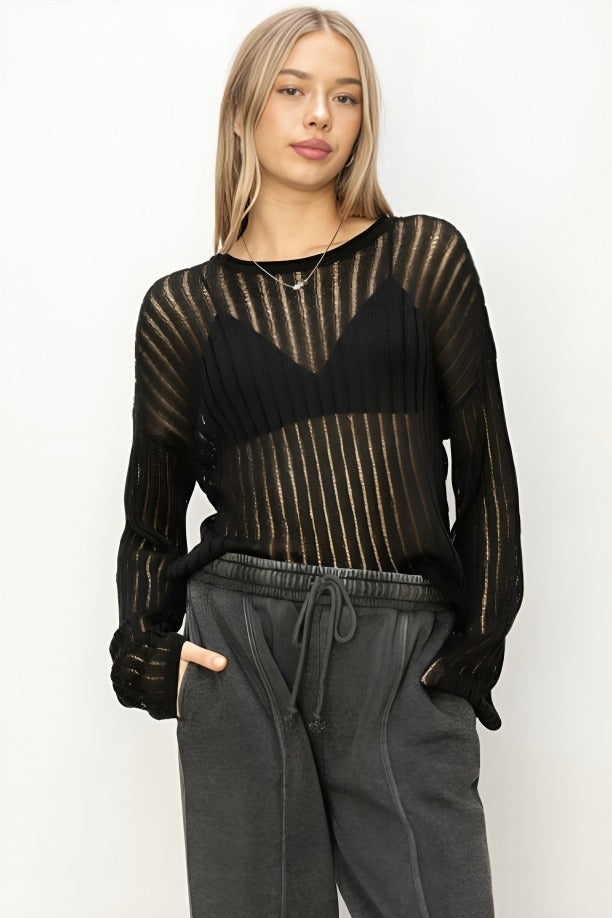 rib knit long sleeve top Black