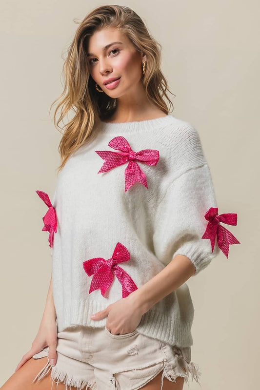 Sequin Bow Puff Sleeve Sweater Ivory Fuchsia