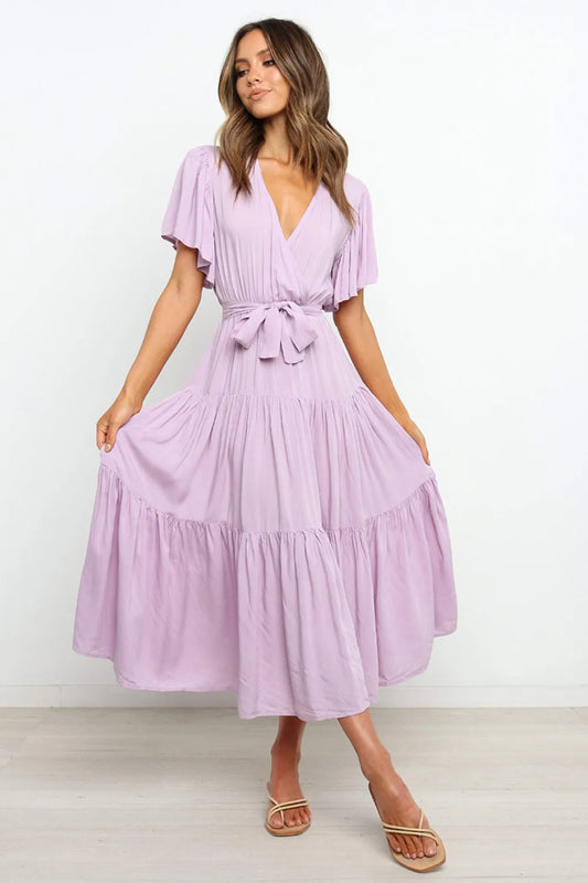 short sleeve midi tiered dress Purple