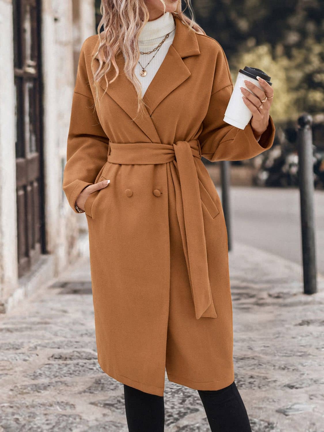 tie coat womens Caramel