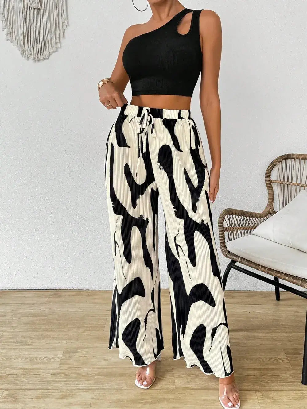 two piece wide leg pant set Black Khaki