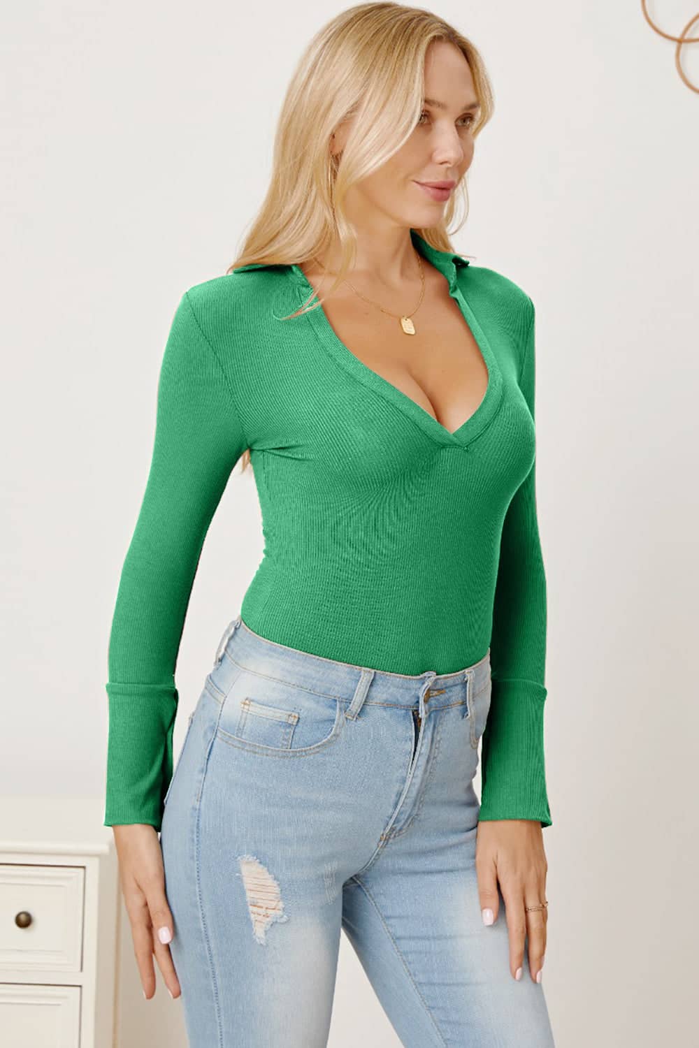 v neck bodysuit long sleeve