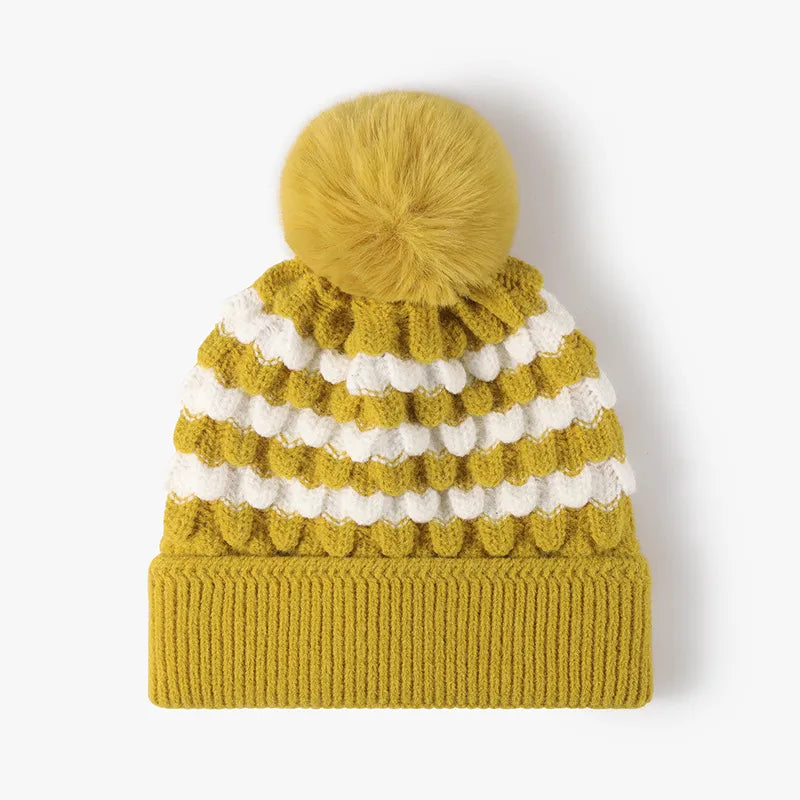 winter beanies with pom Yellow One Size