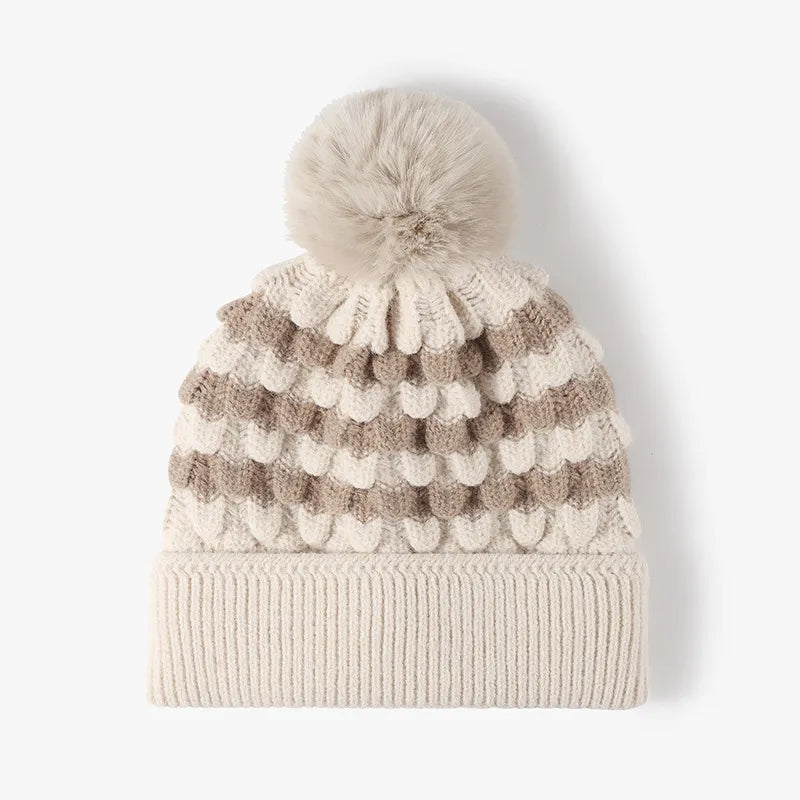 winter beanies with pom Beige One Size