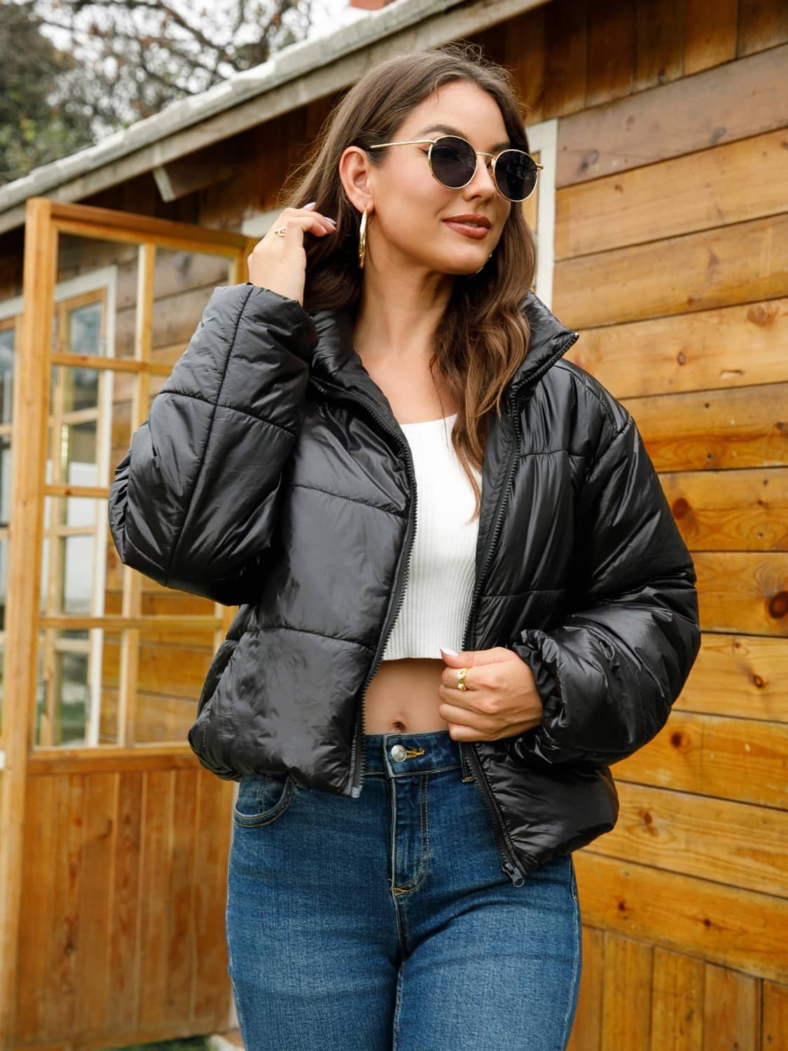 women's black crop puffer jacket