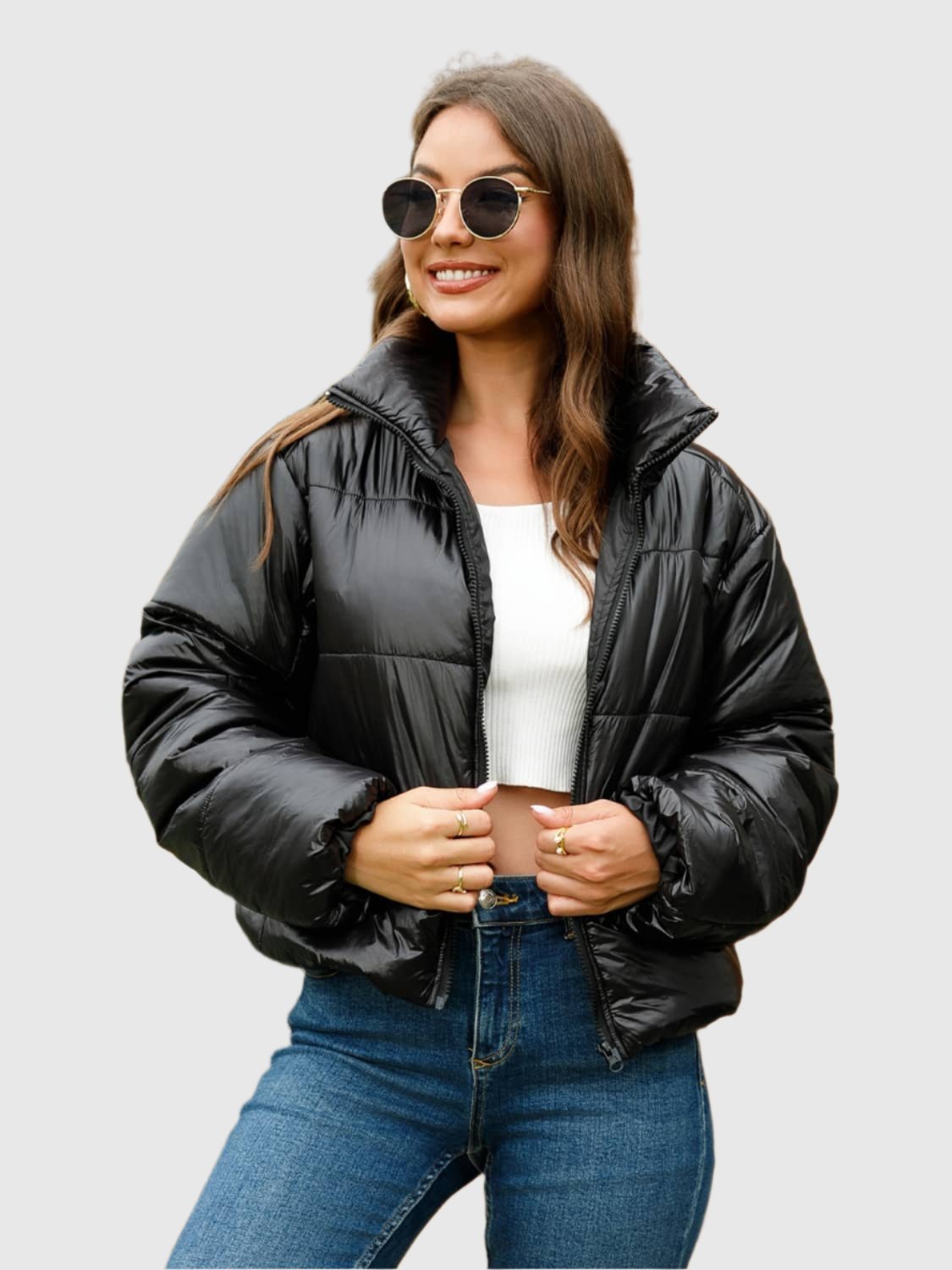 women's black crop puffer jacket