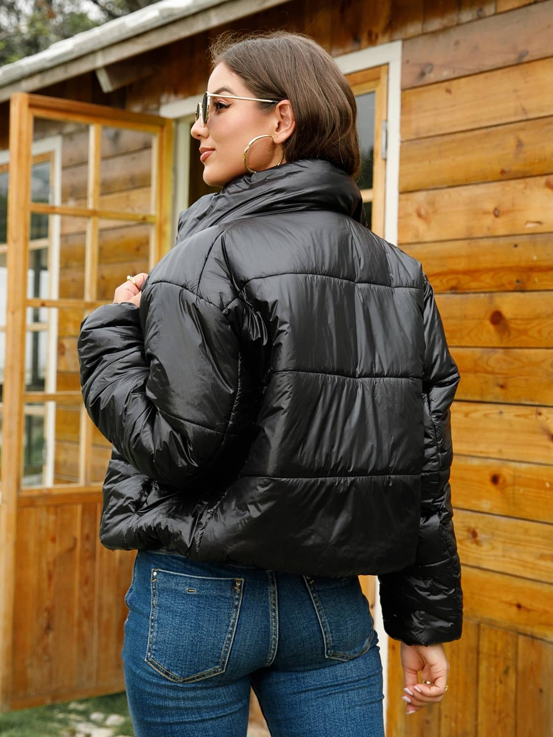 women's black crop puffer jacket