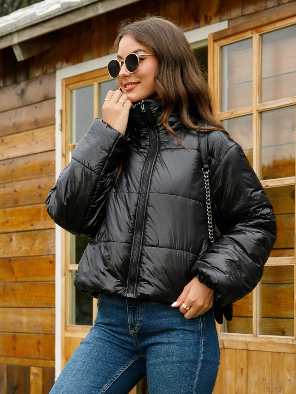 women's black crop puffer jacket