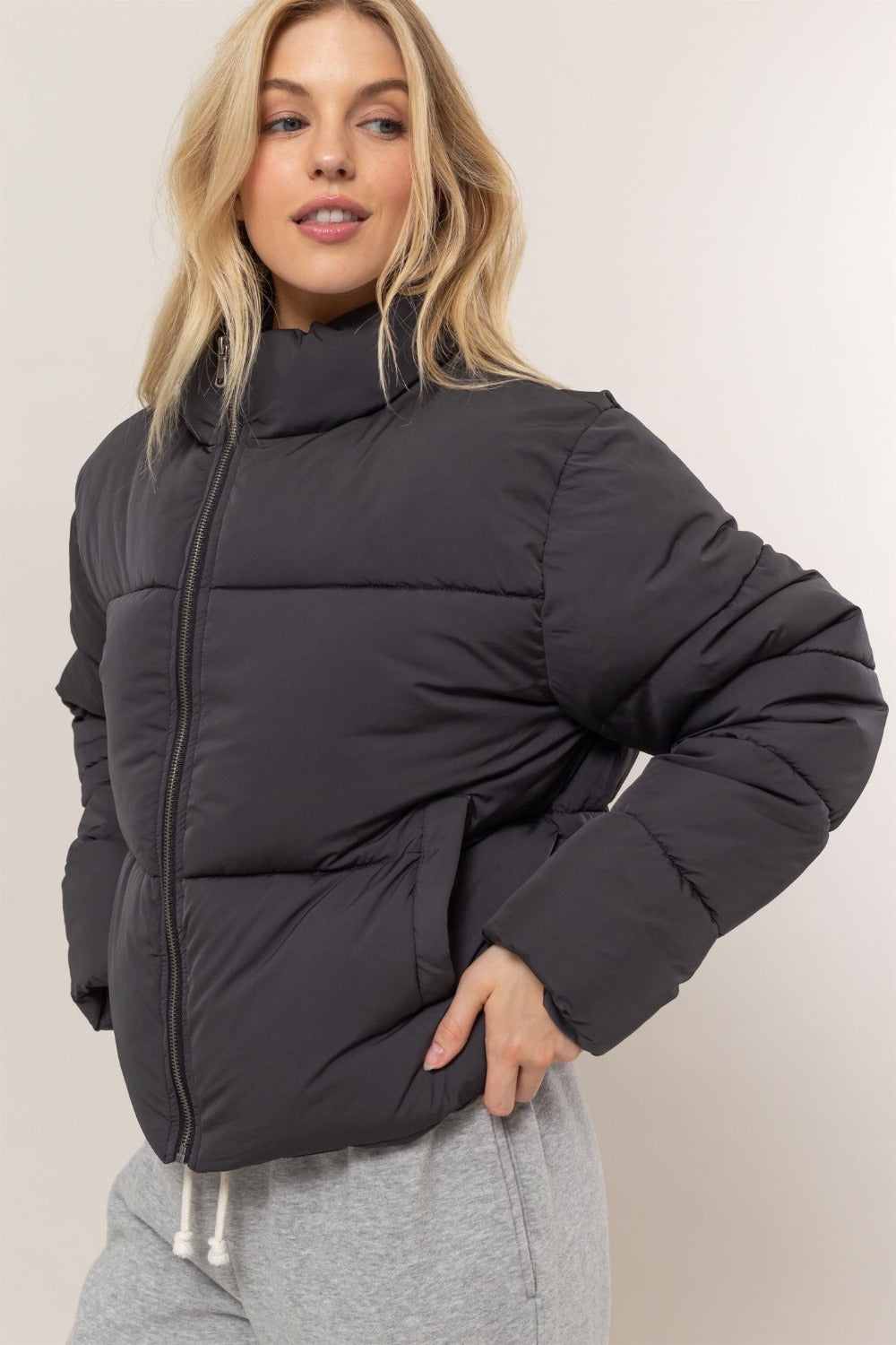 womens quilted puffer jacket Black